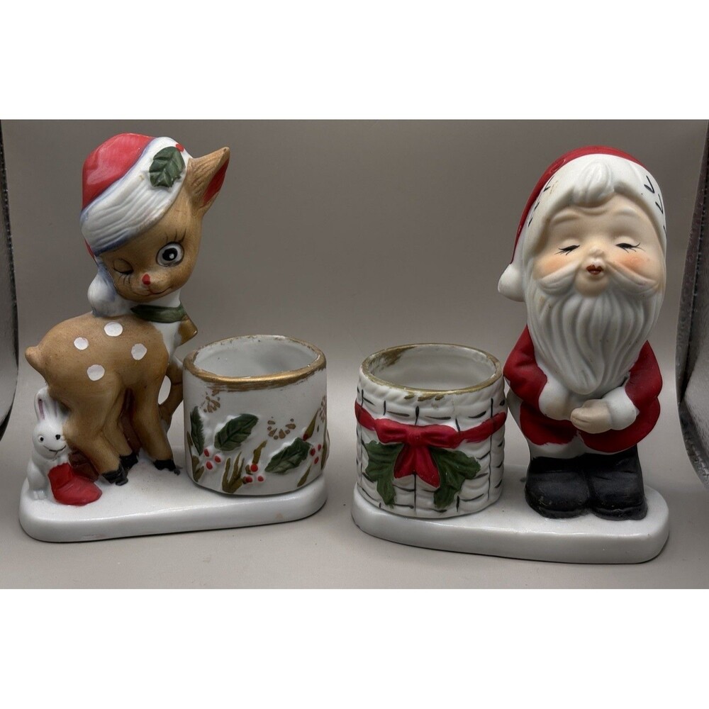 VINTAGE CHRISTMAS JASCO REINDEER & SANTA PORCELAIN CANDLE HOLDERS SET OF 2